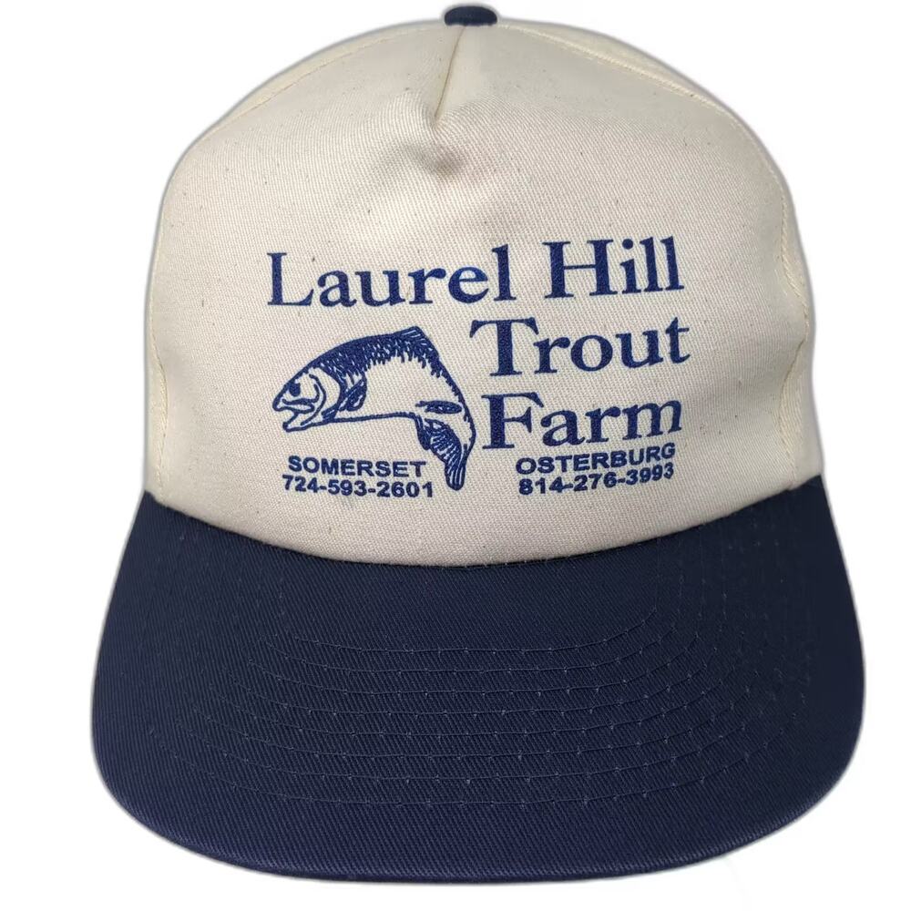Toppers 5 Panel Hat Beige Blue OS Laurel Hill Trout Farm Snapback Adjustable